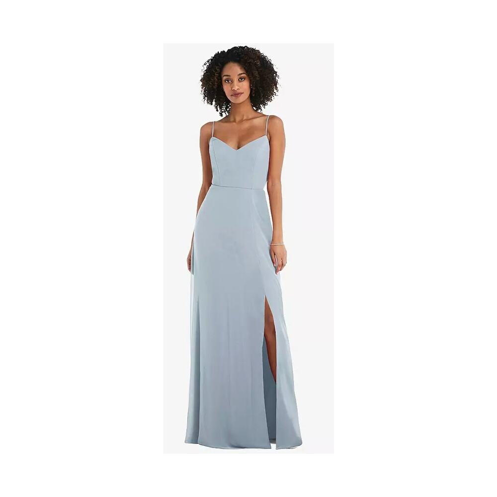 After Six 1548 Dress Womens 16 Mist Blue Tie Back Cutout Slit Chiffon Maxi NWT